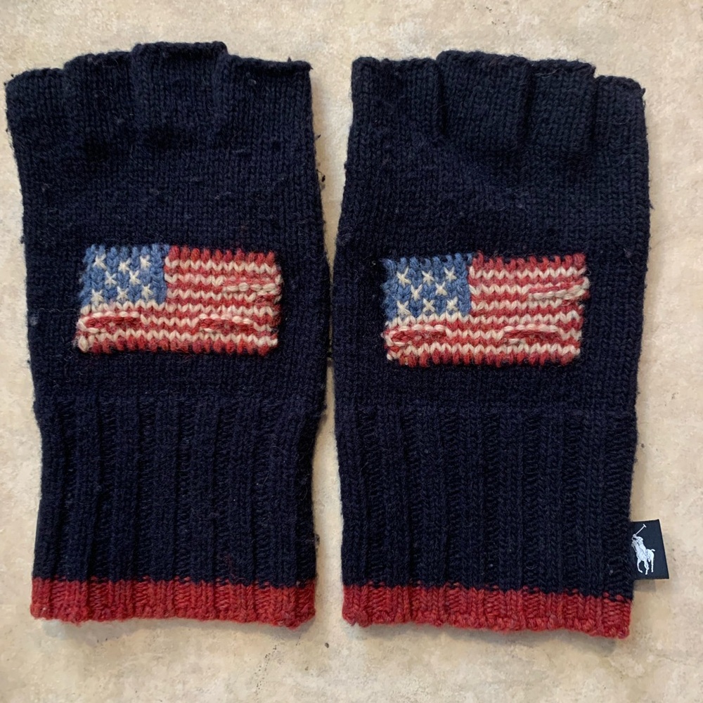 Blue Polo RL Fingerless Gloves with American Flag Design